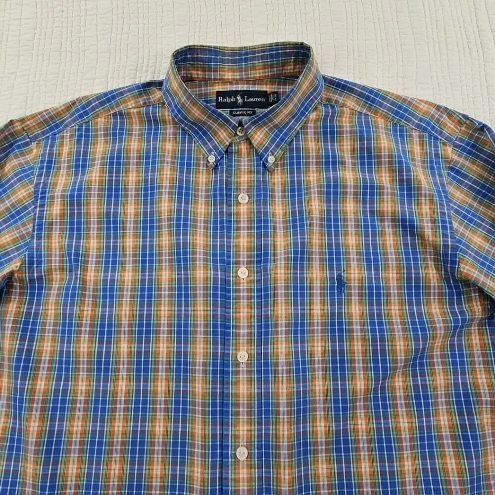 Ralph Lauren Classic Fit Shirt Men's 17 1/2 - 34/35 Blue Orange Plaid EUC Luxe‎